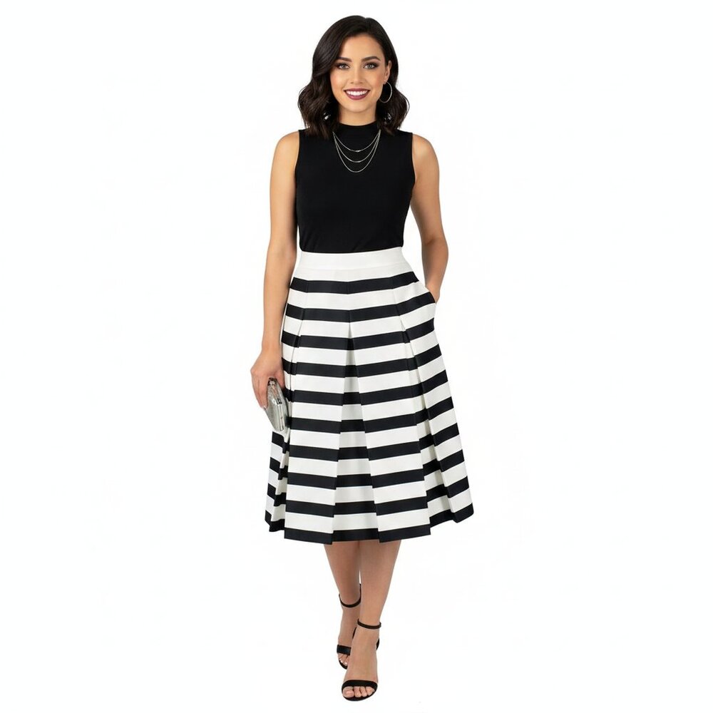 *FEMME Black & White Stripe Flared Skirt | Classic, Feminine (Size 30 XS/S)